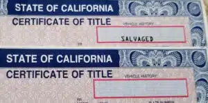 close up of salvage title brand on California Certificate of Tilte