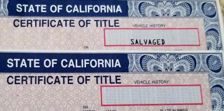 close up of salvage title brand on California Certificate of Tilte